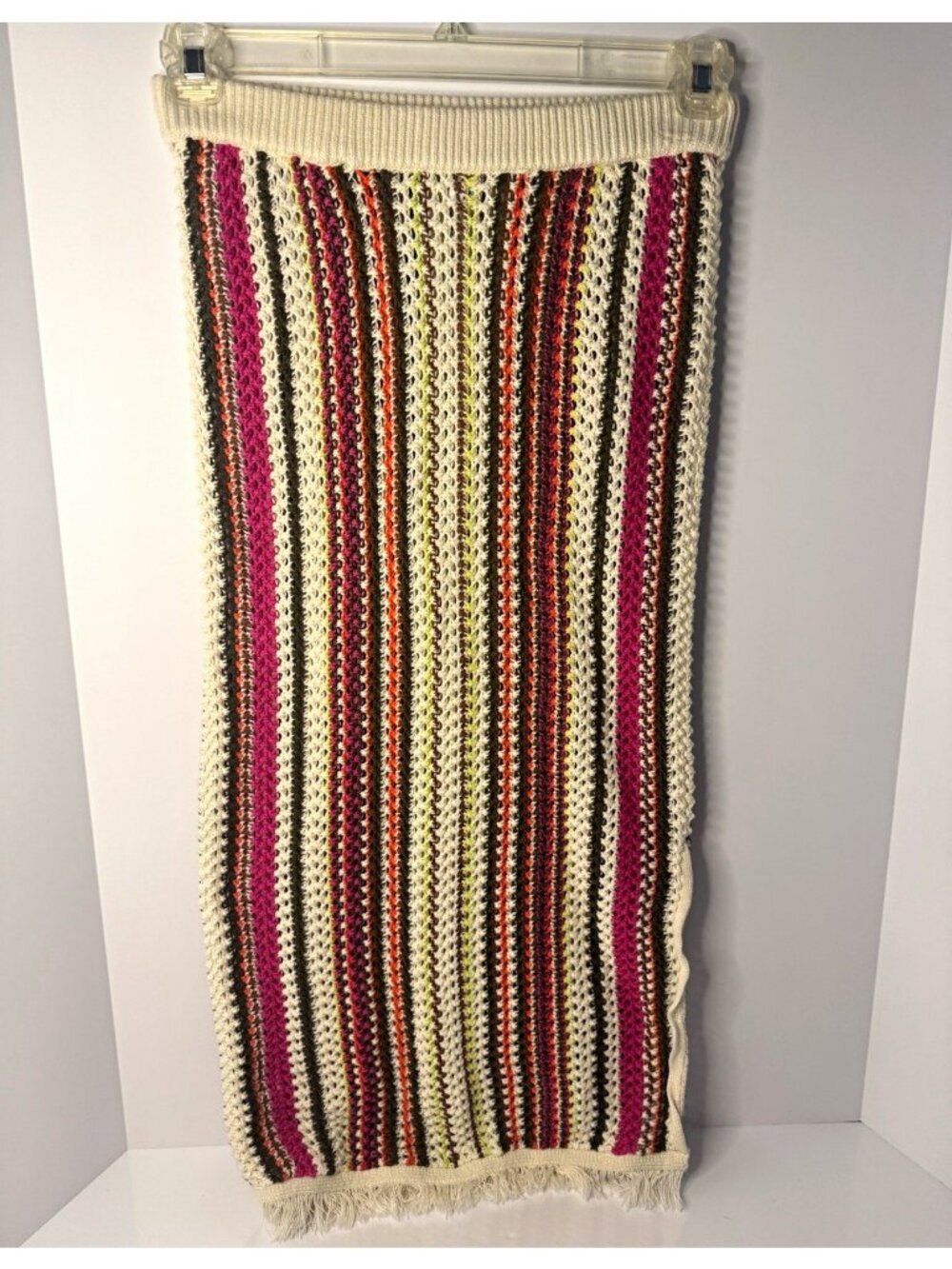 Old Navy XS Boho Retro 70s Striped Crochet Knit Midi Skirt Fringe Hem